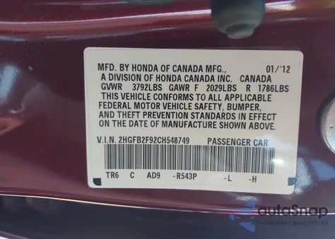 2012 Honda Civic Ex-L from USA, damaged, VIN 2HGFB2F92CH548749